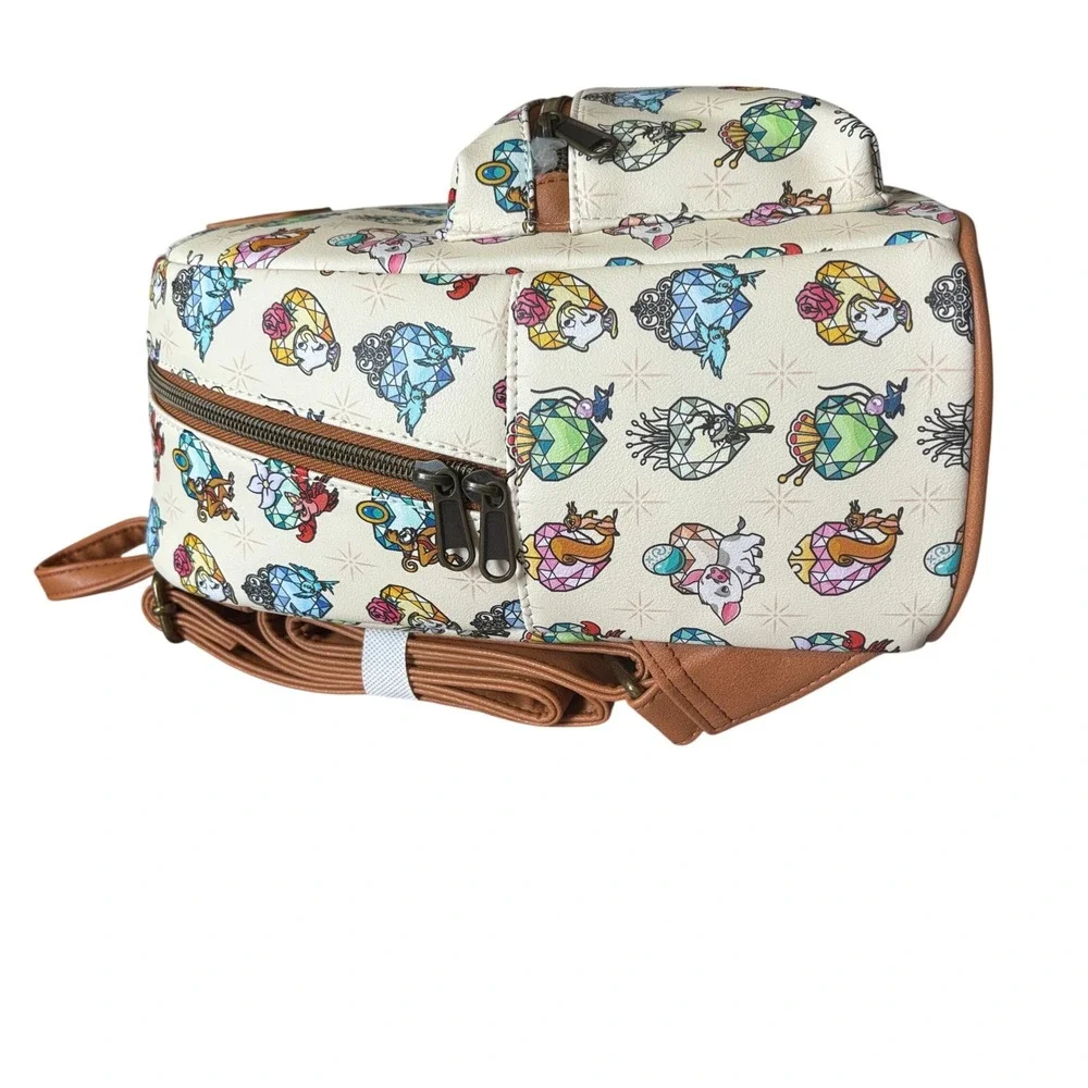Disney Loungefly Princess Gems Sidekicks AOP Mini Backpack Cream Brown New